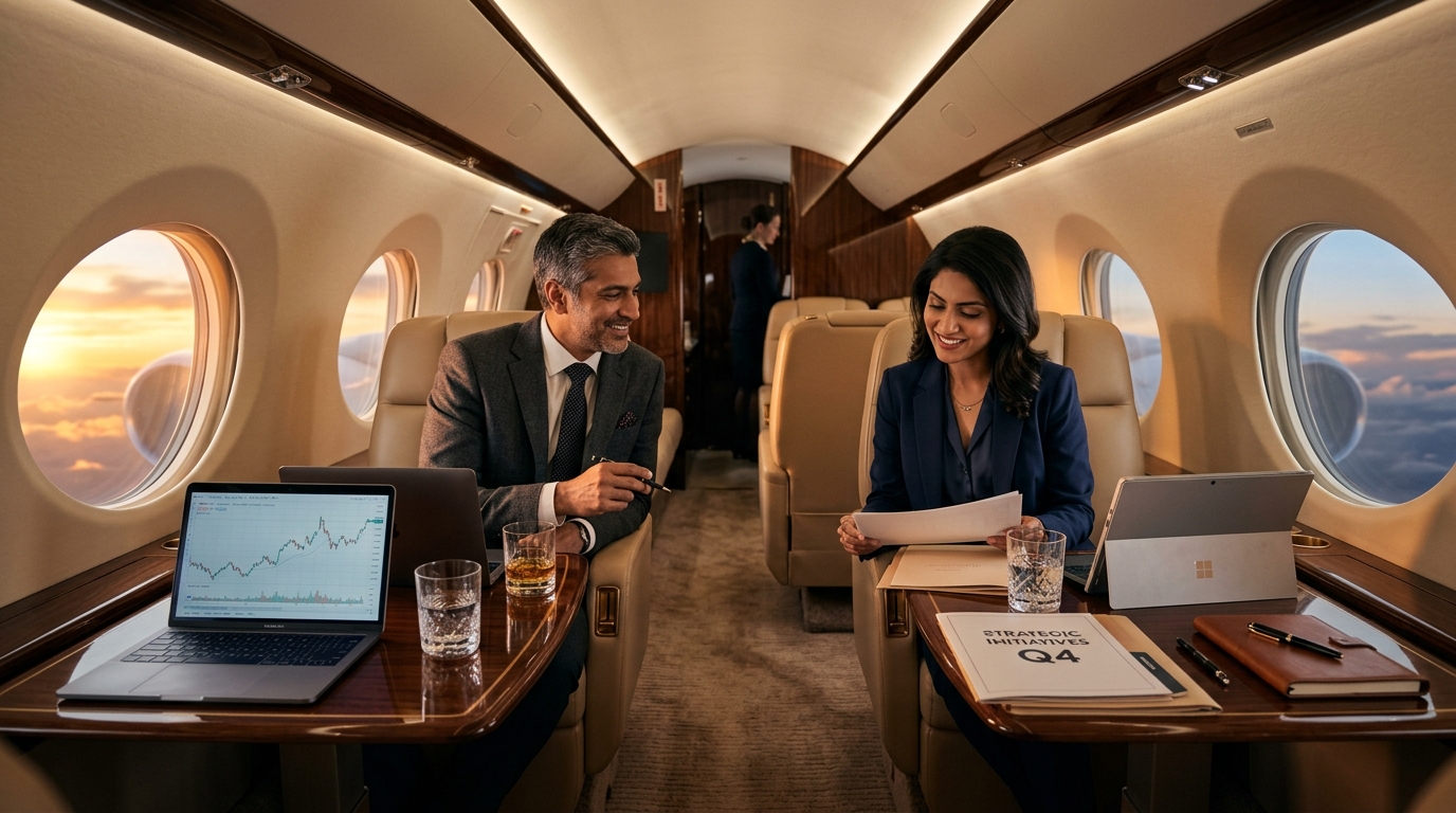 Indian Business Leaders in Executive Private Jet Cabin