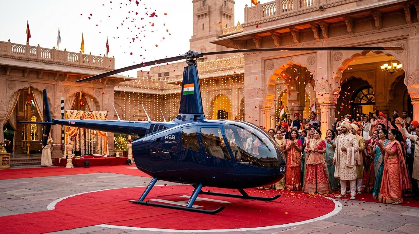 Dark Blue Robinson R66 Wedding Helicopter Baraat